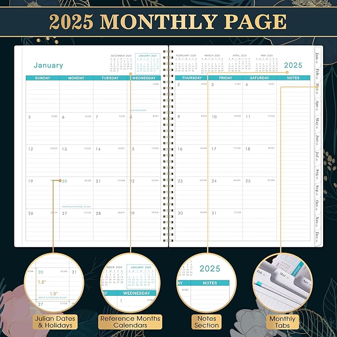 2025 Monthly Planner - Monthly Planner/Calendar 2025, Jan 2025 - Dec 2025, 9ββ x 11'', Monthly Tabs, Double-Sided Pockets, Twin-Wire Biding, Holidays, Notes Pages, Julian Dates
