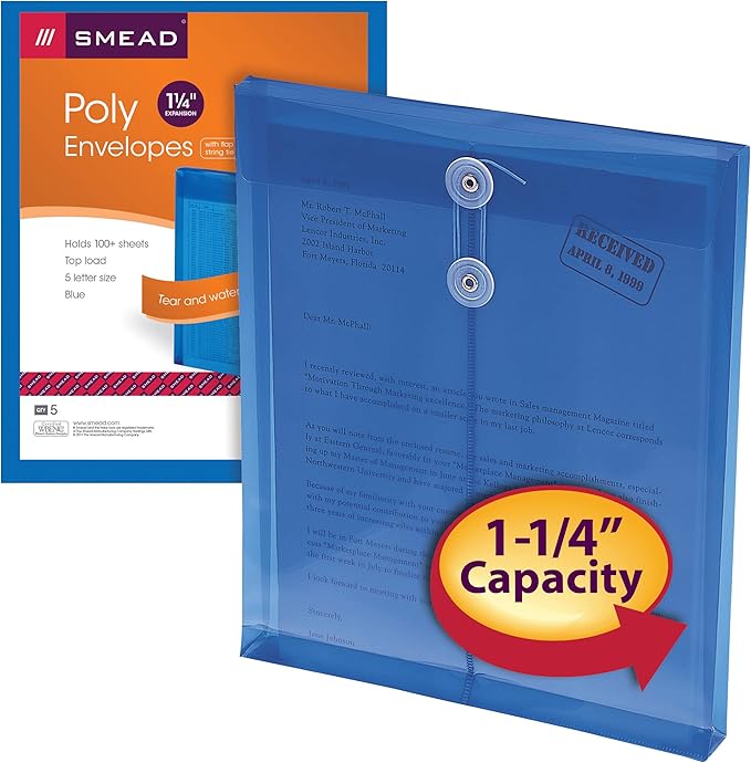 Smead Poly Envelope, 1-1/4" Expansion, String-Tie Closure, Top Load, Letter Size, Blue, 5 per Pack (89542)