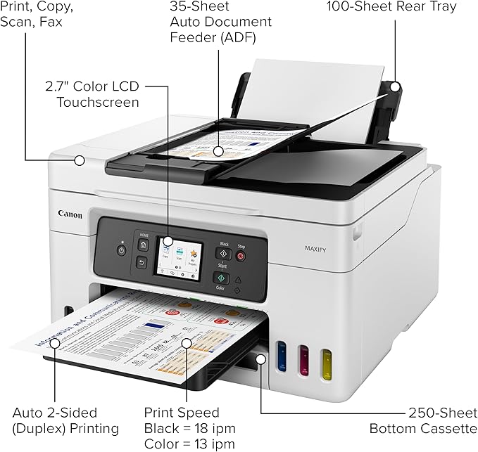 Canon Megatank GX4020 All-in-One Wireless Supertank Printer with Print, Copy, Scan and Fax | Auto Document Feeder | Mobile Printing | 2.7" LCD Touch Screen