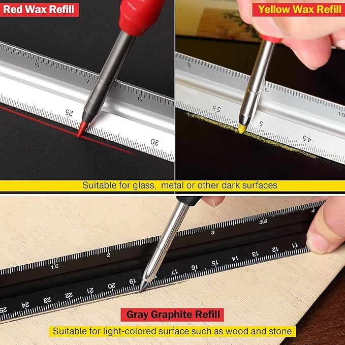 Hiboom 2 Pack Solid Carpenter Pencil with 14 Refill, Long Nosed Deep Hole Mechanical Pencil Marker with Built-in Sharpener for Carpenter Woodworking Architect with Design Patent (Black, Red)