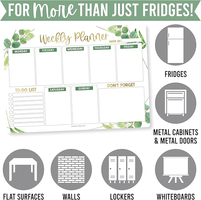 Greenery Magnetic Weekly Calendar for Fridge Whiteboard - Weekly Dry Erase Board for Fridge, Magnetic Weekly Planner for Fridge, Magnetic Whiteboard for Fridge, Schedule Board, White Board for Fridge