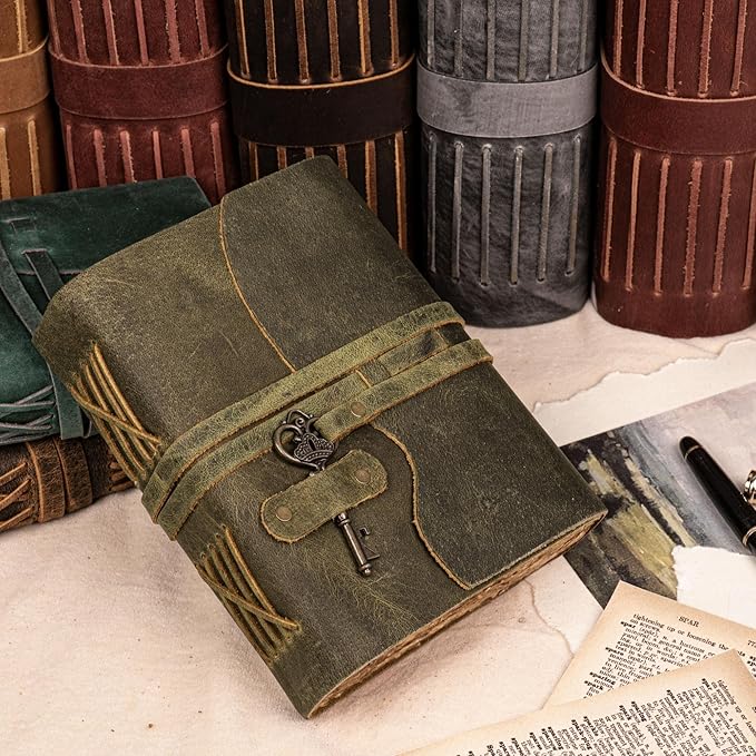 LEATHER VILLAGE Vintage Leather Journal – 200 Handmade Vintage Deckle Edge Paper – Leather bound Journal For Women Men – Vintage Key Closure - Book of Shadows - Green - 13X8 inches