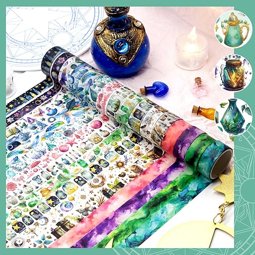 Washi Tape Set 23 Rolls, Magic & Fairy Themed Scrapbook Tape for Bullet Journal Set, Colored Masking Tape for Scrapbooking Supplies, Junk Journaling, DIY Craft (Dragons/Cats/Castles)