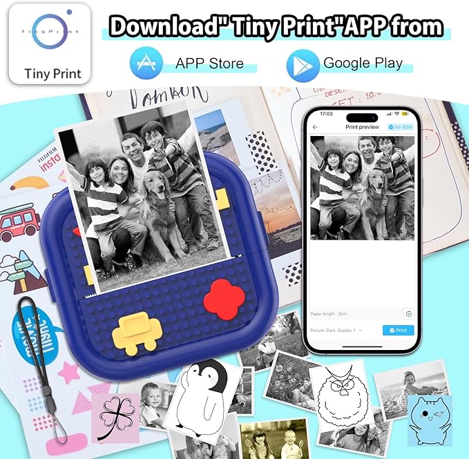 Mini Sticker Printer Building Block Bluetooth Smart Pocket Inkless Thermal Printer with 10 Rolls Paper,Colored Pen&Sticker for iOS&Android,Portable Receipt Printer for Photo Journal Notes Memo