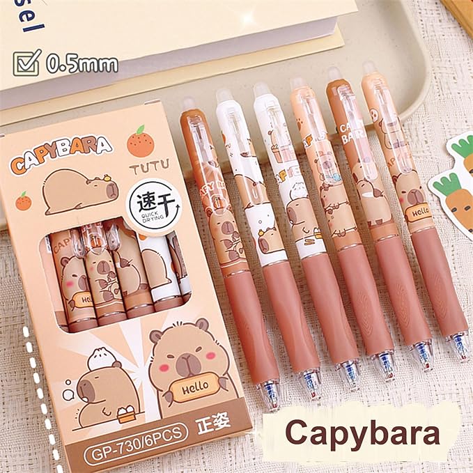 6 Pcs Erasable Gel Pens Capybara Erasable Retractable Cute Pens Cartoon Capybara Pens 0.5mm Blue Ink Pen Office School Pens Women Girls Boys Pens (Blue Ink-Capybara)
