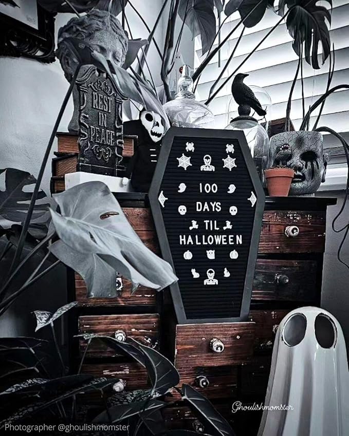 Coffin Letter Board Black With Spooky & Seasonal Emojis +550 Characters, Wooden Stand - 17x10.5 Inches - Coffin Shaped Goth Decor Sign Witchy Halloween Decorations Gothic Decor Birthday Wedding Home Spooky Gifts