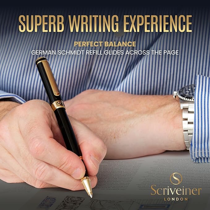 Scriveiner Personalized Black Ballpoint Pen - Stunning Luxury Pen, Jet Black Lacquer, 24K Gold Finish, Schmidt Ink Refill, Best Engraved Ball Point Gift Set for Men & Women, Custom Name Engraving