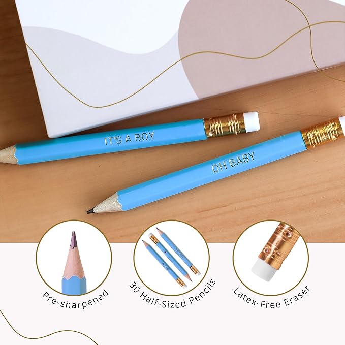 Markt Mini Pencils For Baby Shower Games Boy, Heart Pencils, Small Blue Pencil Set