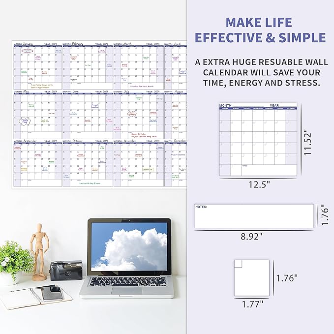 Large Dry Erase Calendar β Yearly Wall Calendar Dry Erase, 57.9" x 37", 12-Month Undated Calendar, Reusable Laminated with 15 Stickers - Purple