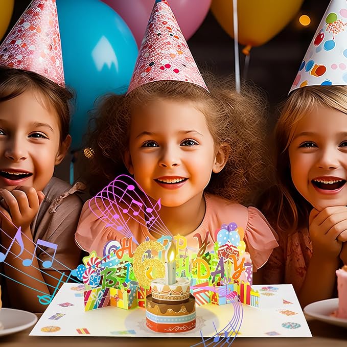 Gumry 6TH Musical Birthday PopUp Card, Blowable Colorful Light Candle 3D Cards with Song, Applause Cheers Sound, Greeting Cards Birthday Gifts Decorations for Daughter Son Turning 6 Years Old