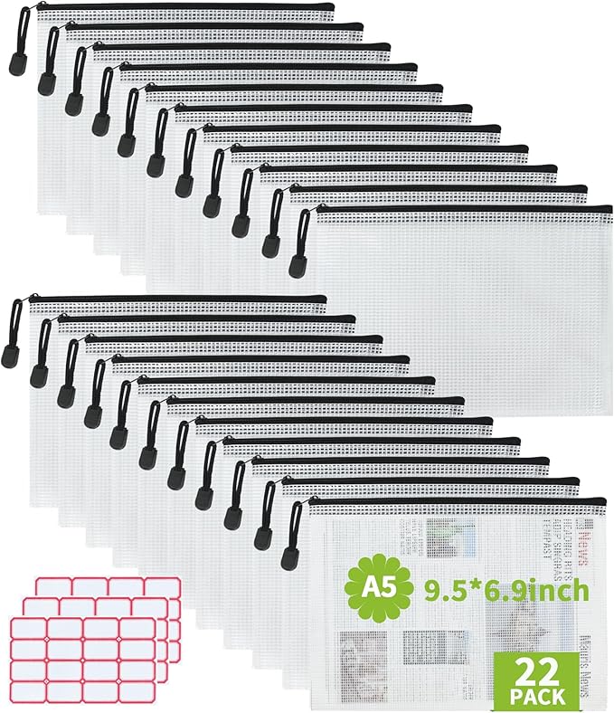 Vuzvuv A5-22 PCS 9.49"x 7.09"Mesh Zipper Pouch Set,Resistant Document File Folders Plastic Mesh Bag with Label Sticker for File, Document, Makeup, Board Game School Office Home Travel Storage