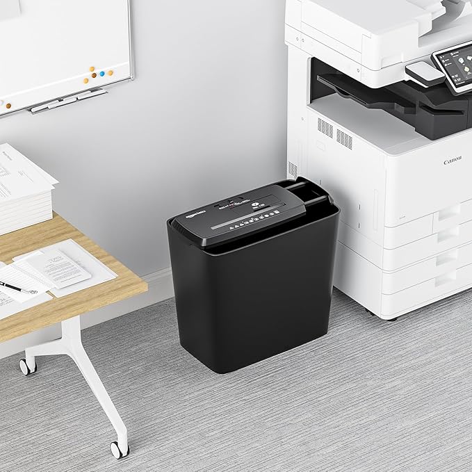 Amazon Basics 8-Sheet Strip Cut Paper, CD, and Credit Card Shredder, Compact, No Basket, Portable with Extendable Arm, Black