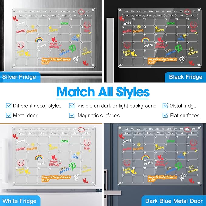Magnetic Acrylic Calendar for Fridge Refrigerator Monthly Dry Erase Board w/ 8 Markers & Magnetic Pen Holder, Organic Glass Clear Planning Whiteboard Workout Board Meal Planner Magnetic 16x12''