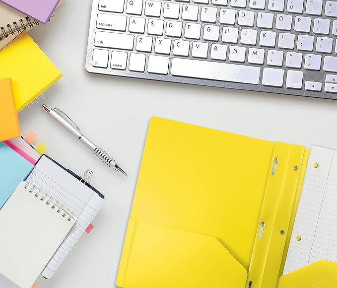 Better Office Products Yellow Plastic 2 Pocket Folders with Prongs, Heavyweight, Letter Size Poly Folders, 24 Pack, with 3 Metal Prongs Fastener Clips, Yellow