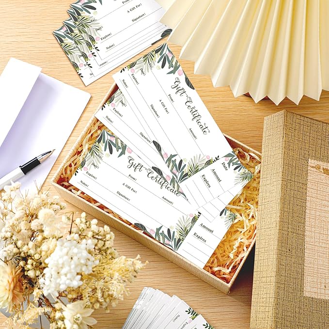 Sinmoe 50 Sets Gift Certificate for Business with 50 Pcs Envelopes Blank Gift Certificate Cards with Name and Address Rustic for Beauty Salon Restaurants Birthday(4.72 x 2.36 Inch, Leaf Style)