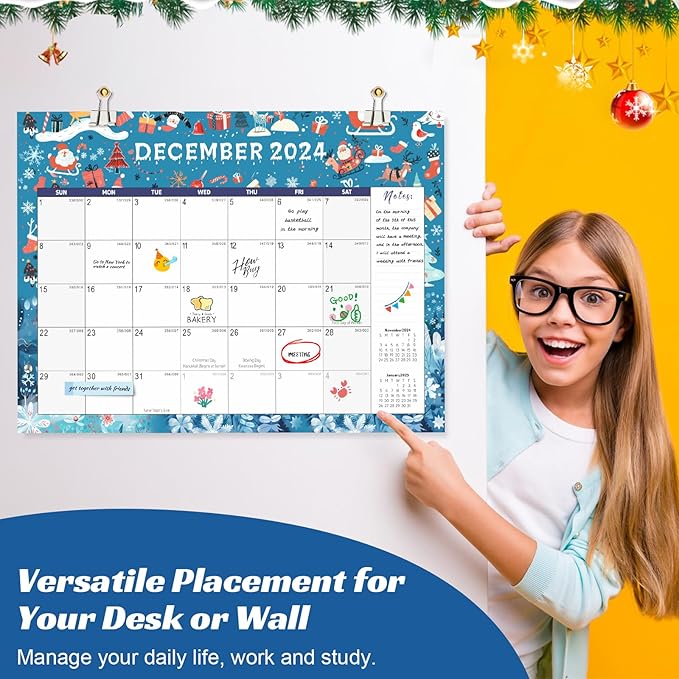 Gannyfer Large Desk Calendar 2024-2025 - 18 months from Otc 2024 to Mar 2026, 22" x 17" Desktop/Wall Pad Calendar with to-do List, Thick Paper with Plastic Cover, Large Ruled Blocks - Snow (2 Binder Clips Included)
