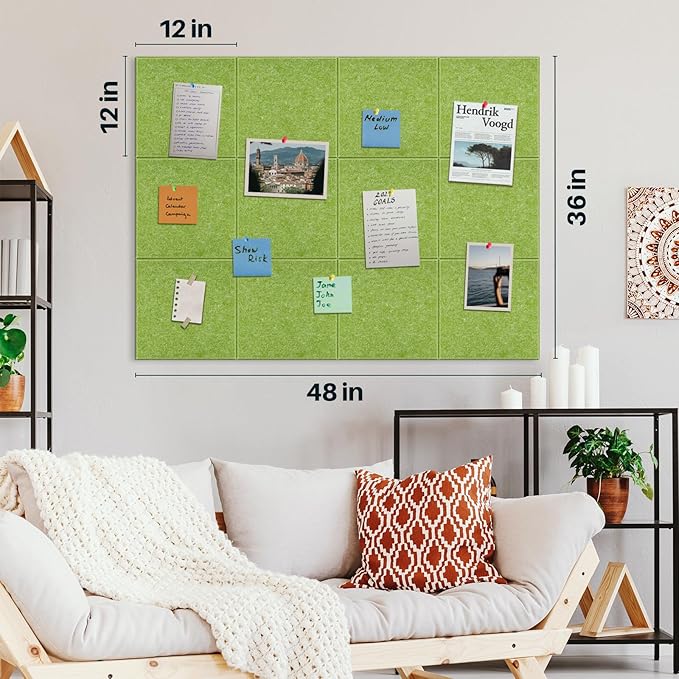 DOLLAR BOSS Large Cork Board for Wall 48" x 36" x 0.5" Bulletin Board 12 Packs Black Cork Board Tiles Self Adhesive Felt Wall Tiles with Pushpins, Corkboard for Office Pin Board Tack Board, Green