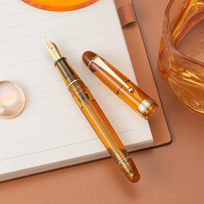 Asvine V126 Vacuum Filling Fountain Pen Medium Nib, Transparent Brown Acrylic, Large-Capacity with Gift Case