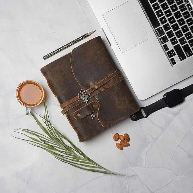 LEATHER VILLAGE Vintage Leather Journal – 200 Handmade Vintage Deckle Edge Paper – Leather bound Journal For Women Men – Vintage Key Closure - Book of Shadows - Cappuccuno Brown - 10X7 inches