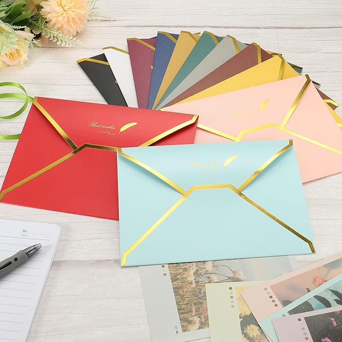 PATIKIL V Flap Envelopes, 10 Pack 7 x 5'' Luxury Style Gold Border Greeting Card Envelope for Invitations Weddings, Blue