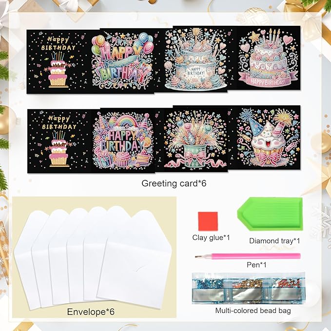 6 Pcs 5D Diamond Painting Greeting Card Kits, Laser Effect Diamond Art Birthday Cards Special Shaped Diamond Art Postcards Crafts for Birthday Holiday (30x15cm)