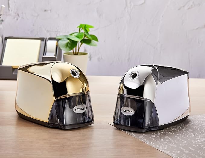 Bostitch Office QuietSharp Executive Heavy Duty Electric Pencil Sharpener for 65% Faster Sharpening and 6X Longer Cutter Life - Colored Pencil Compatible, Gold Chrome