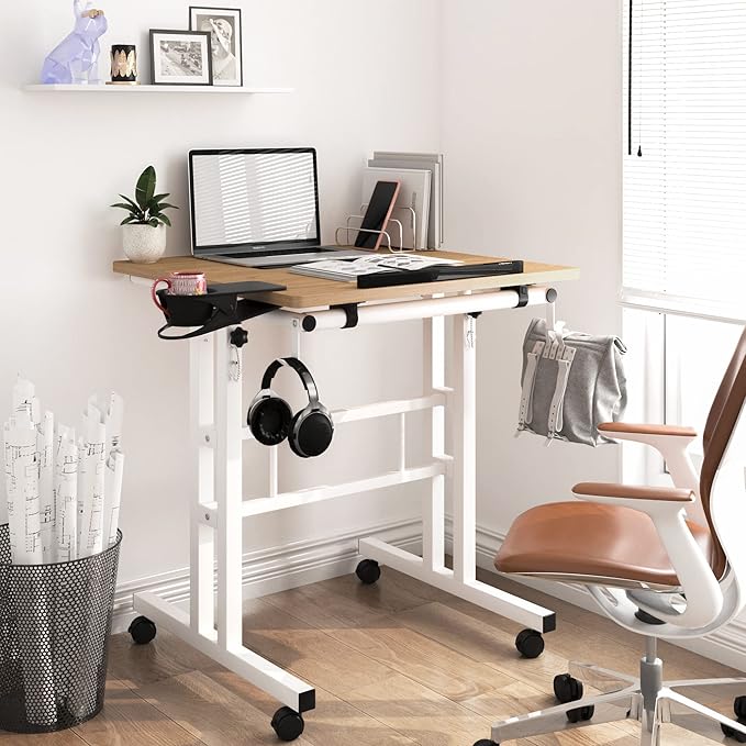 Klvied Stand Up Desk on Wheels, Portable Computer Desk for Home Office,Rolling Desk for Laptop with Removable Cup Holder, Adjustable Laptop Cart for Standing or Sitting,Khaki