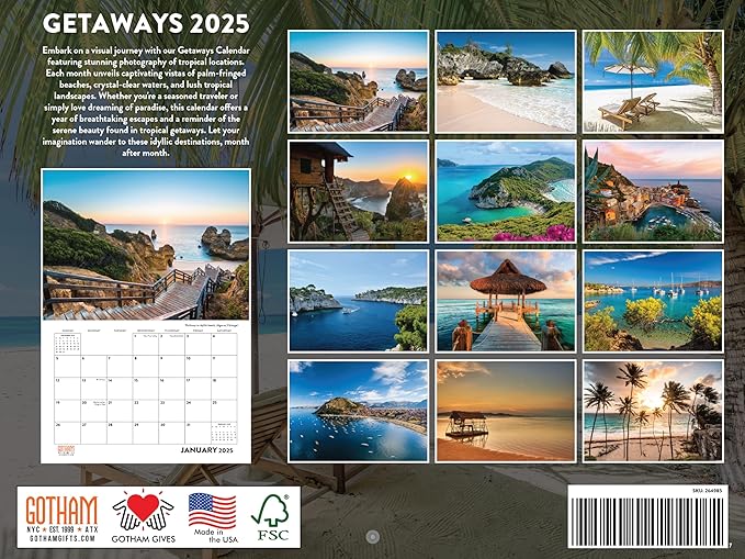 Getaway Calendar 2025 Vacation Spots Photography Nature Travel Monthly Wall Calender 12 Month | American Made In The USA