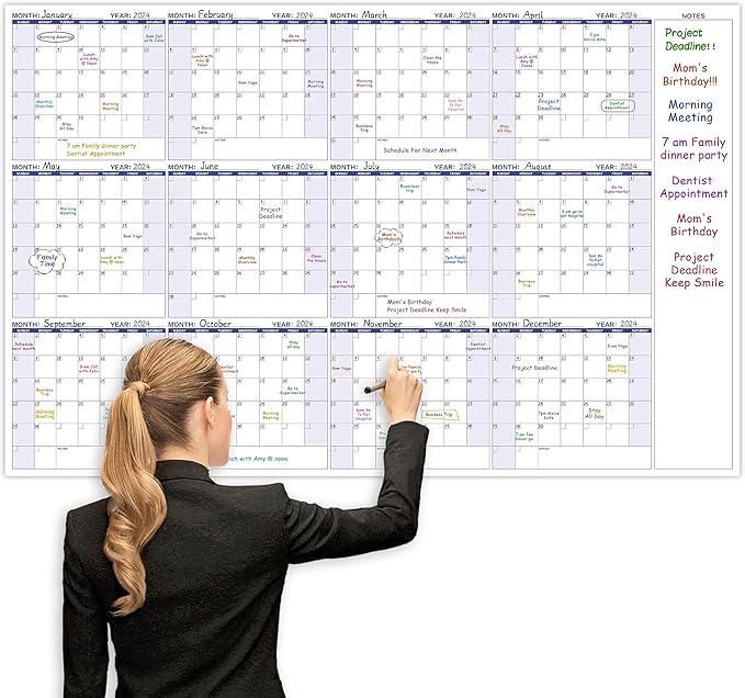 Large Dry Erase Calendar β Yearly Wall Calendar Dry Erase, 57.9" x 37", 12-Month Undated Calendar, Reusable Laminated with 15 Stickers - Purple