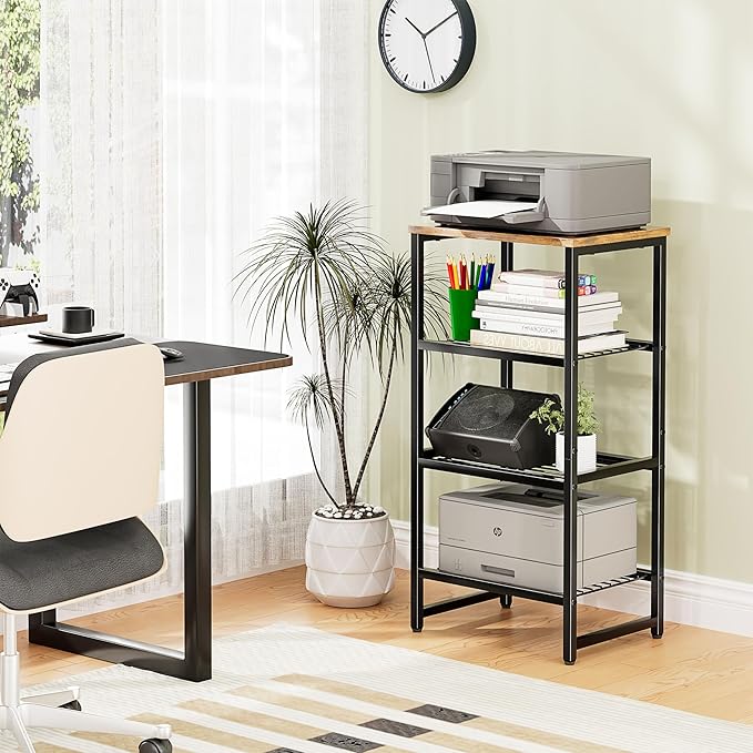 Printer Stand Holder 4 Tier - Heavy Duty Metal Shelving Unit for Printer Shelf Office Organizer, Industrial Printer Side Table with Wood Desk for Scanner Fax Machine, Bronze