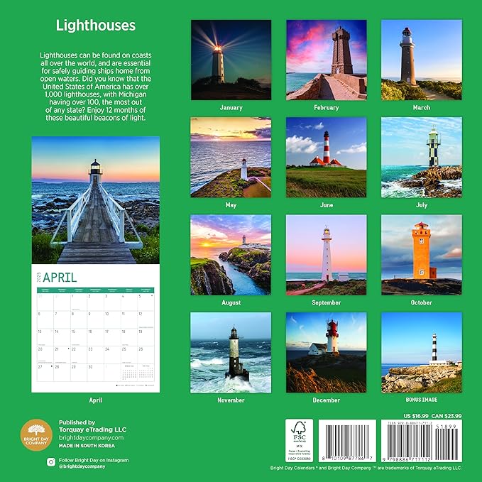 2025 Lighthouses Monthly Wall Calendar by Bright Day, Includes Over 300 Stickers, 12 x 12 Inch