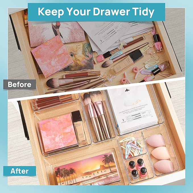 Vtopmart 15 PCS Clear Plastic Drawer Organizers Set, 4-Size Versatile Bathroom and Vanity Organizer Trays, Non-Slip Storage Containers for Makeup, Jewelries, Bedroom,Kitchen Utensils and Office