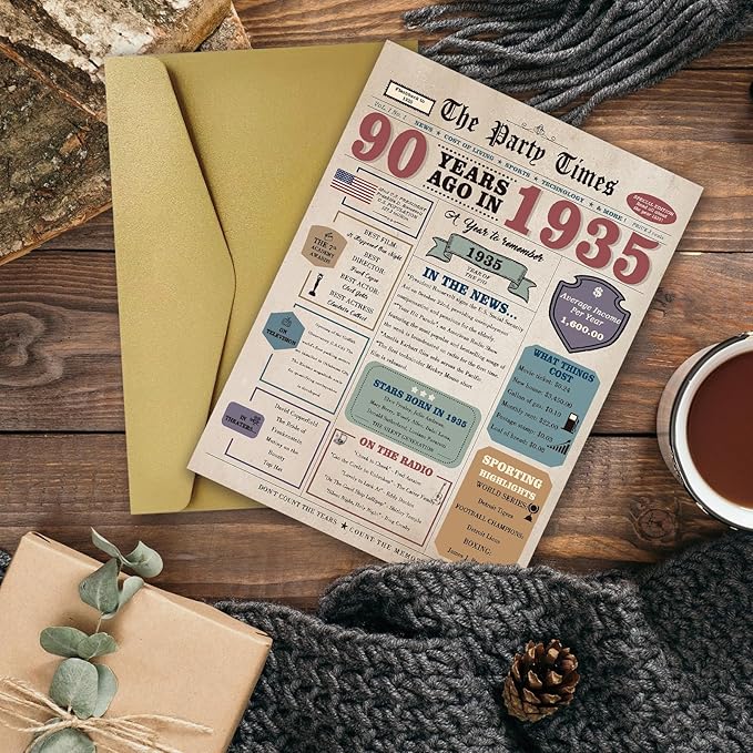 90th Birthday Card for Men Women, Retro Birthday Gifts for 90 Year Old Man Woman, 90th Birthday Decorations for Grandpa Grandma