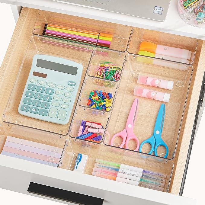 Vtopmart 15 PCS Clear Plastic Drawer Organizers Set, 4-Size Versatile Bathroom and Vanity Organizer Trays, Non-Slip Storage Containers for Makeup, Jewelries, Bedroom,Kitchen Utensils and Office