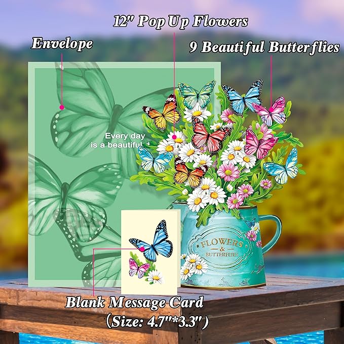 Airpark Pop Up Flower Cards, Paper Flowers Bouquet 12’‘ Daisies and Butterflies 3D Popup Greeting Cards with Blank Note Card and Envelope, Birthday,Easter, Get Well Cards Gifts for Women Mother