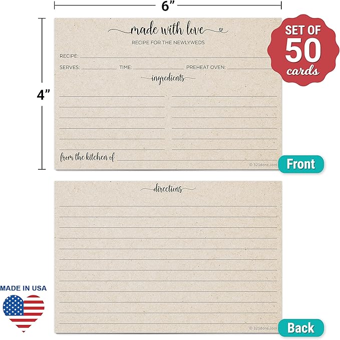 321Done Recipe Cards for the Newlyweds (Set of 50) 4x6 Rustic Kraft - Simple, Cute Made with Love Heart Design - Double-Sided - For Bridal Shower, Wedding, Recipe Box Gift - Made in the USA