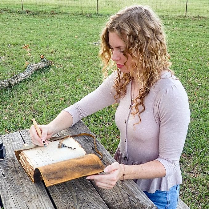 LEATHER VILLAGE Vintage Leather Journal – 200 Handmade Vintage Deckle Edge Paper – Leather bound Journal For Women Men – Vintage Key Closure - Book of Shadows - Cappuccuno Brown - 10X7 inches