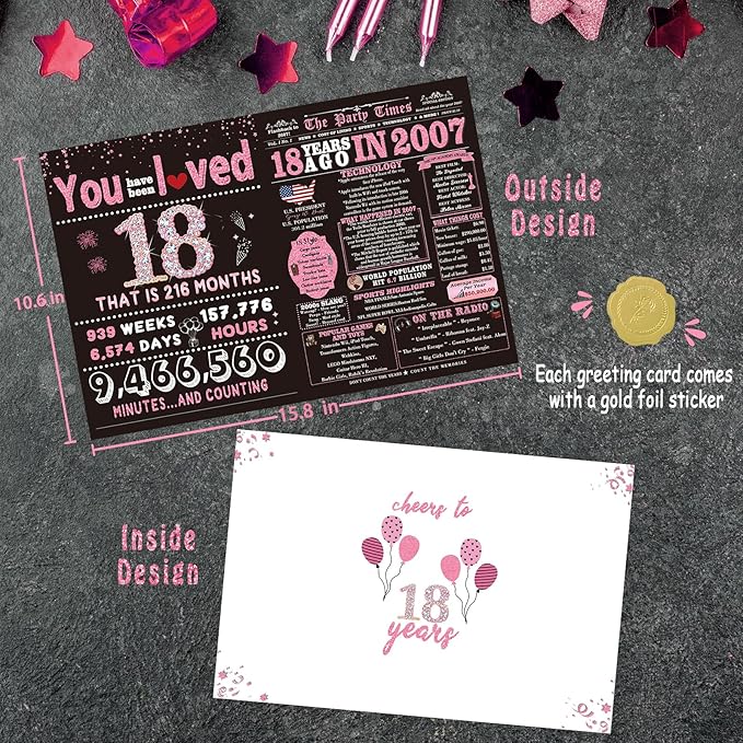 Happy 18th Birthday Card Gifts for Girls, Daughter, Niece, Granddaughter, 18th Birthday Decorations for Girls, Large Birthday Card for 18 Year Old, Funny Back in 2007 Birthday Card, Rose Pink Gold