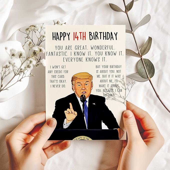 Funny Trump 14th Birthday Card for Boy Girls, Best 14 Year Old Birthday Gift for Son Daughter, Unique Birthday Decorations for Grandson Granddaughter, Coolest Trump Birthday Card for Him Her