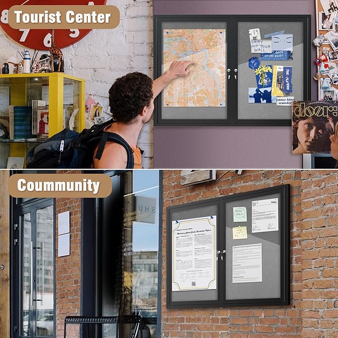 48"x34" Enclosed Bulletin Board, Outdoor Lockable Weather-Resistant Aluminum Cork Noticeboard for School & Office, Black Frame w/Grey Flet