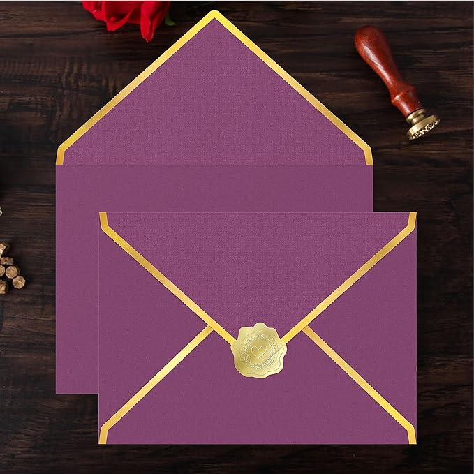 60 Pack Gold Envelopes 5x7 Bulk Wine, 250G Pearled Cardstock A7 Envelopes for Invitations Business Mailing Envelope with Gold Foil Border, A6 4x6 Envelopes for Wedding Baby Shower Cards