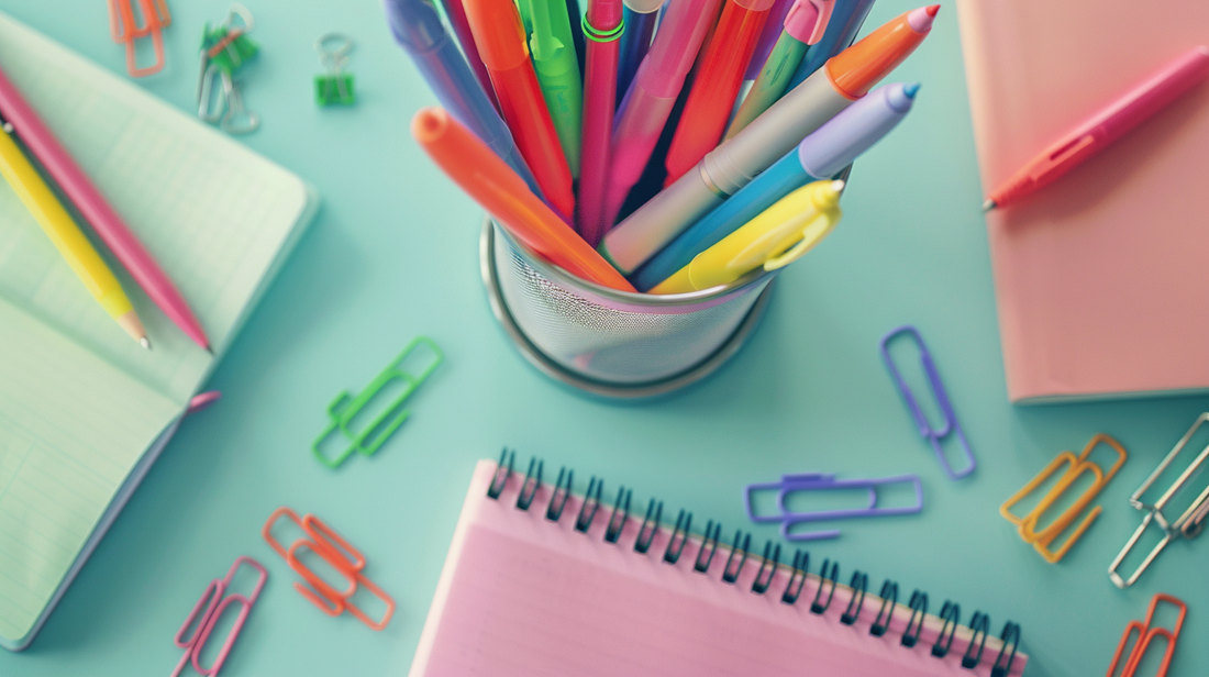 Fall 2025 office desk with a pen holder filled with colorful pens, notebooks, and paper clips for workspace organization