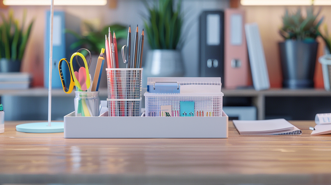 Fall 2025 office desk with a pen holder containing pencils, pens, and scissors, alongside notepads and file organizers