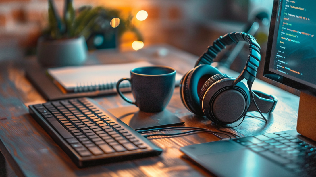 Fall 2025 office desk with ergonomic keyboard, headphones, coffee mug, and monitor for focused work