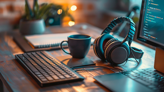 Fall 2025 office desk with ergonomic keyboard, headphones, coffee mug, and monitor for focused work