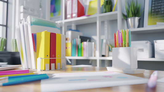 Fall 2025 office desk with colorful whiteboard markers in a pen holder and a document holder filled with files