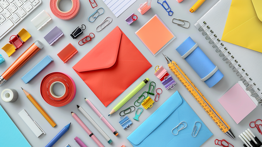Fall 2025 office desk flatlay with colorful mailing envelopes, adhesive tape, paper clips, and stationery supplies for organized shipping and document management