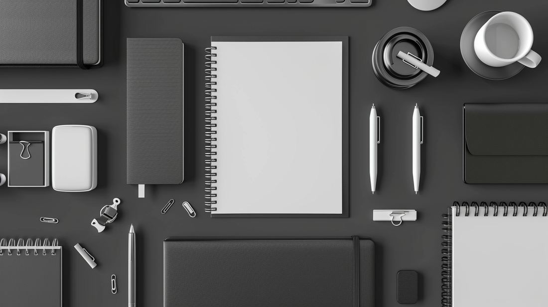 Fall 2025 office desk flatlay with black and white notebooks, writing pads, pens, and desk accessories arranged neatly