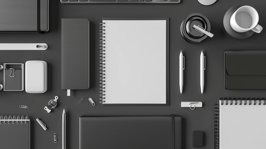 Fall 2025 office desk flatlay with black and white notebooks, writing pads, pens, and desk accessories arranged neatly