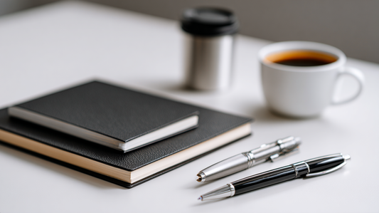 A modern office desk with black notebooks, two silver pens, a white coffee cup, and a stainless steel tumbler neatly arranged, symbolizing productivity and organization.